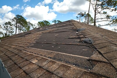 Damaged and missing roof shingles needing repair